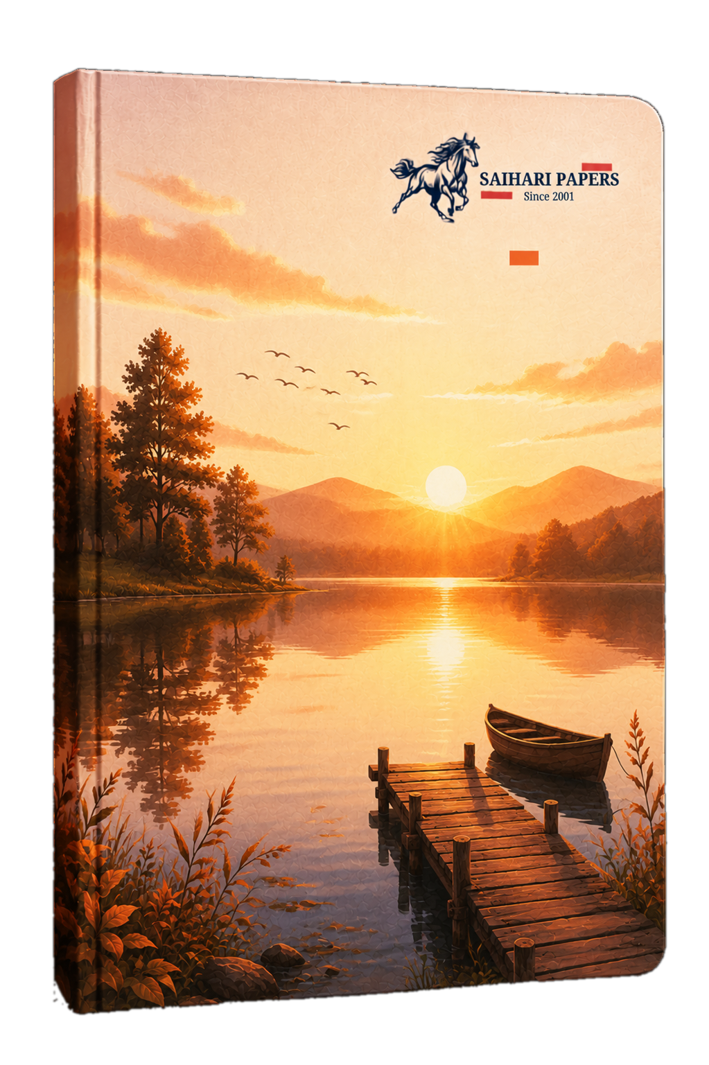 Sai Hari Papers notebook — sunset lake cover